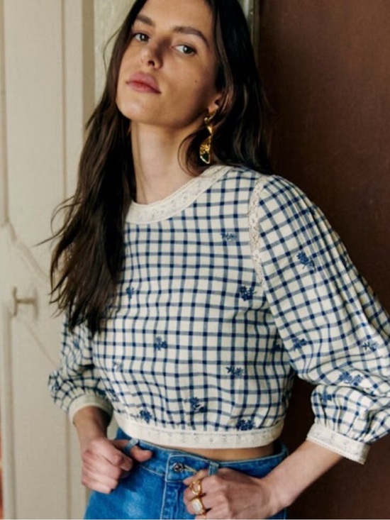 Sezane Tops - Sezane Thalyna Blouse Blue Floral Embroidery